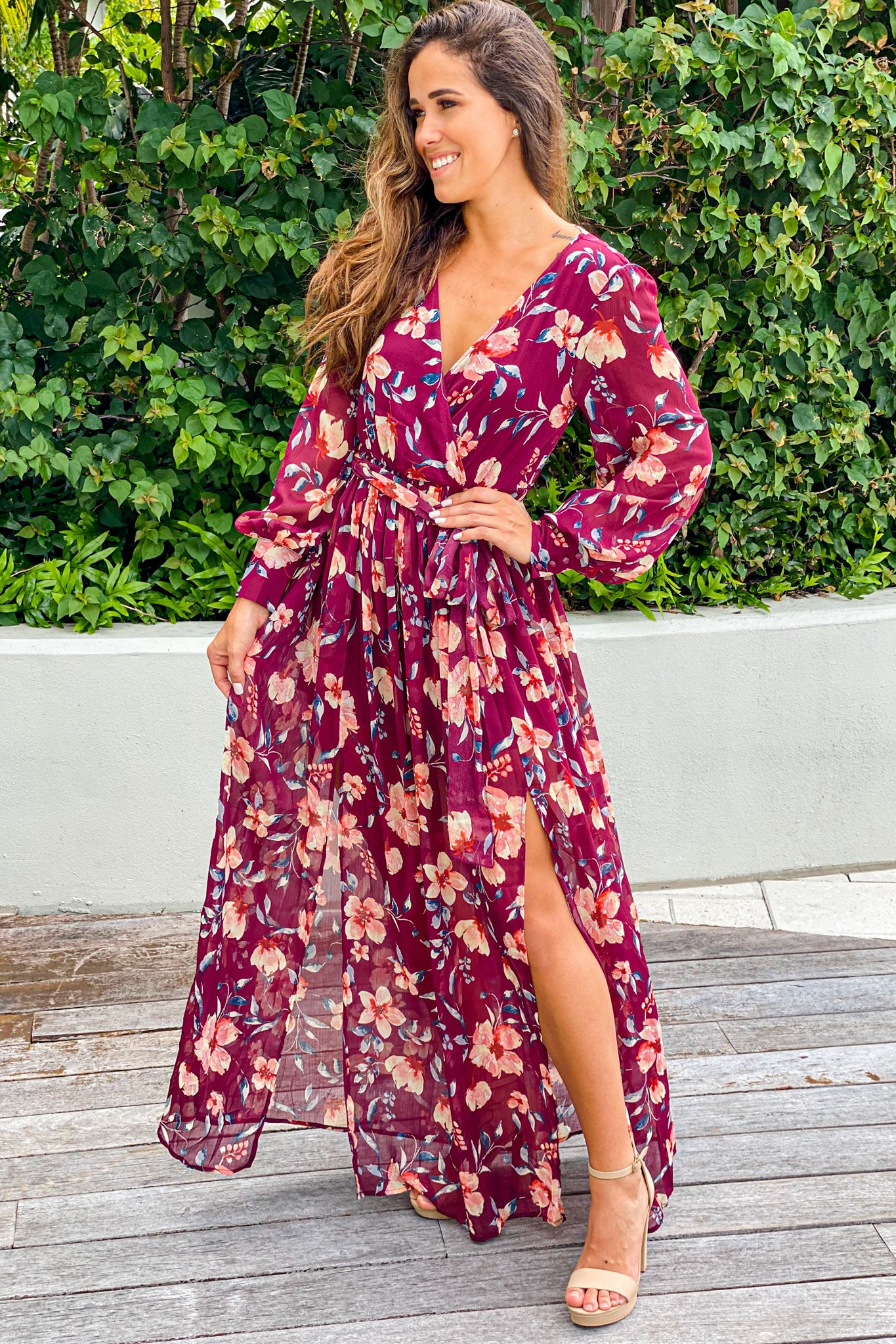 Burgundy Floral Maxi Dress | Vacation ...